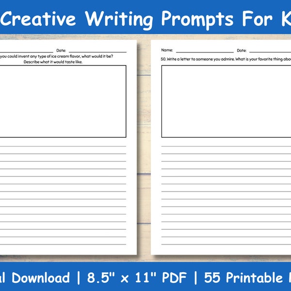 50 Creative Writing Prompts For Kids|Lined Writing Paper With Drawing Box|Printable Story Ideas Journal Pages|Creative Writing Worksheets