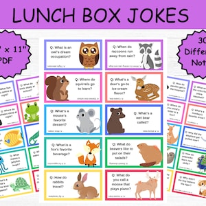 May include: A set of 30 lunch box joke cards, each featuring a question and answer with colorful illustrations of animals. The cards are 8.5" x 11" and available as a PDF. The text "LUNCH BOX JOKES" is at the top.