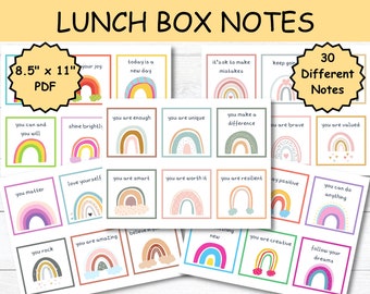 Notas para la lonchera arcoíris / 30 tarjetas de afirmación para niños (PDF)