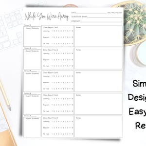 May include: A printable classroom substitute teacher log with a simple design. The log includes sections for date, substitute name, contact, period, absent students, class report card, and notes. The class report card includes sections for listening, respect, and on-task.