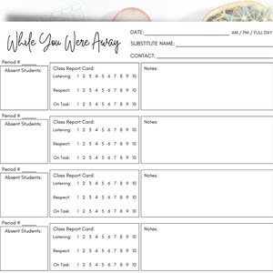May include: A printable teacher planner with a black and white design. The planner has sections for each period of the day, including a space for absent students, a class report card, and notes. The planner also includes a section for the date, substitute name, and contact information.