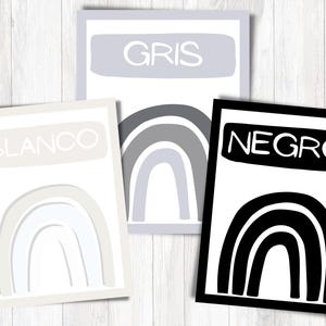 May include: Three printable cards with rainbow illustrations and Spanish words for the colours: Blanco (white), Gris (grey), and Negro (black).