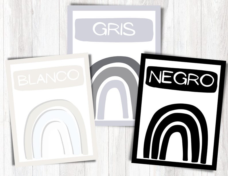 May include: Three printable cards with rainbow illustrations and Spanish words for the colours: Blanco (white), Gris (grey), and Negro (black).