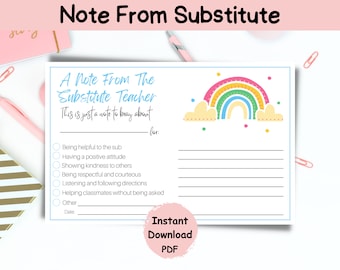 Substitute Teacher Note Home: Rainbow Design (PDF)