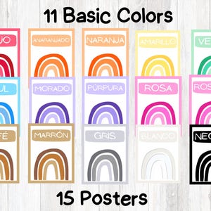 May include: 11 rainbow-shaped posters with Spanish colour names, such as "rojo" (red) and "azul" (blue). Each poster features a rainbow with the corresponding colour. The posters are arranged in three rows, with the text "11 Basic Colors" at the top and "15 Posters" at the bottom.