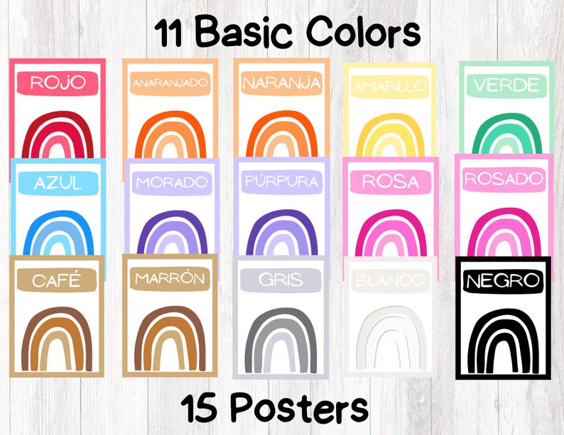 May include: 11 rainbow-shaped posters with Spanish colour names, such as "rojo" (red) and "azul" (blue). Each poster features a rainbow with the corresponding colour. The posters are arranged in three rows, with the text "11 Basic Colors" at the top and "15 Posters" at the bottom.