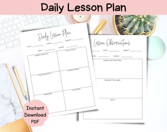May include: Printable daily lesson plan template with sections for date, topic, learning objectives, focus and goals, structure/activity, materials needed, homework, evaluation, things that went well, changes I will make, and notes.