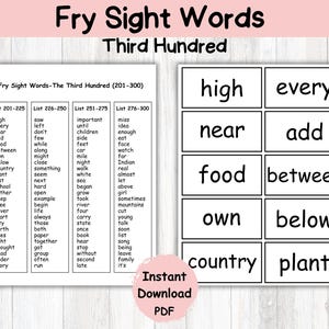 May include: Educational printable featuring sight words for the third hundred. The image displays two white rectangular cards with black text. One card lists words in four columns, and the other card presents words in a grid format. A pink circle with text is in the bottom right.
