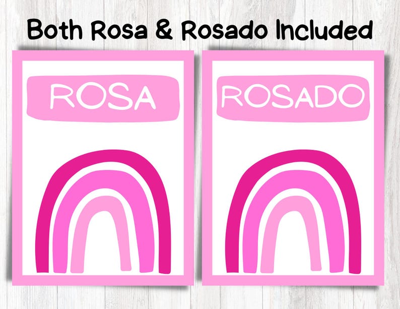 May include: Two pink printable signs with rainbow designs. The top of each sign says "ROSA" and "ROSADO" in white text.