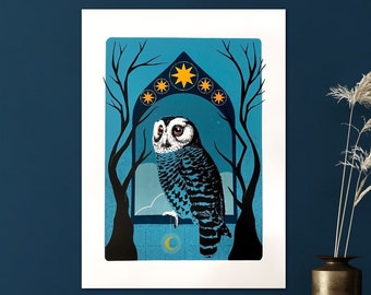 NIGHT OWL Screen Print -  Gothic Church Window at Night - Original handmade Screenprint - Limited Edition Art Print