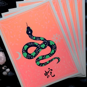 Póster serigrafiado del Año de la Serpiente - Edición limitada de arte del Año Nuevo Lunar - Impresión del zodíaco chino / Serigrafía hecha a mano / Arte mural kanji