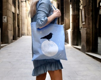 FULLMOON VIBES Tote Bag – Full moon and Bird Screenprint - Handmade Accessory - Fullmoon Magic
