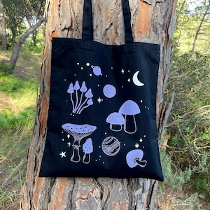 MAGICAL MUSHROOMS in SPACE Tote Bag - Witchy Fungi Screenprint – Boho Hippie Style Illustration – Cute Ecofriendly Bag for Mushroom Lovers