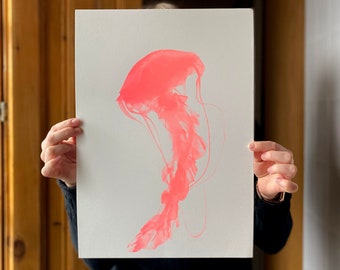 FLOATING JELLYFISH Screen Print – Sea life illustration – Nautical Art print - Original handmade print - Limited Edition print
