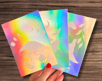 Shimmering Mushroom Postcards - Set of 3 Holographic Mini Prints – Original handmade Illustration – Screenprinting Art – Witchy Fungi Magic
