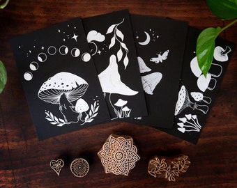 Magical Mushrooms Screenprints - Set of 4 – Original Handmade Mini Prints – Witchy Fungi Art - Fall/Autumn Postcards