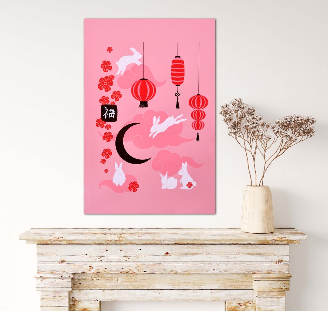 Year of the Rabbit Screenprint: Lunar New Year Art, Pink Chinese Zodiac ...