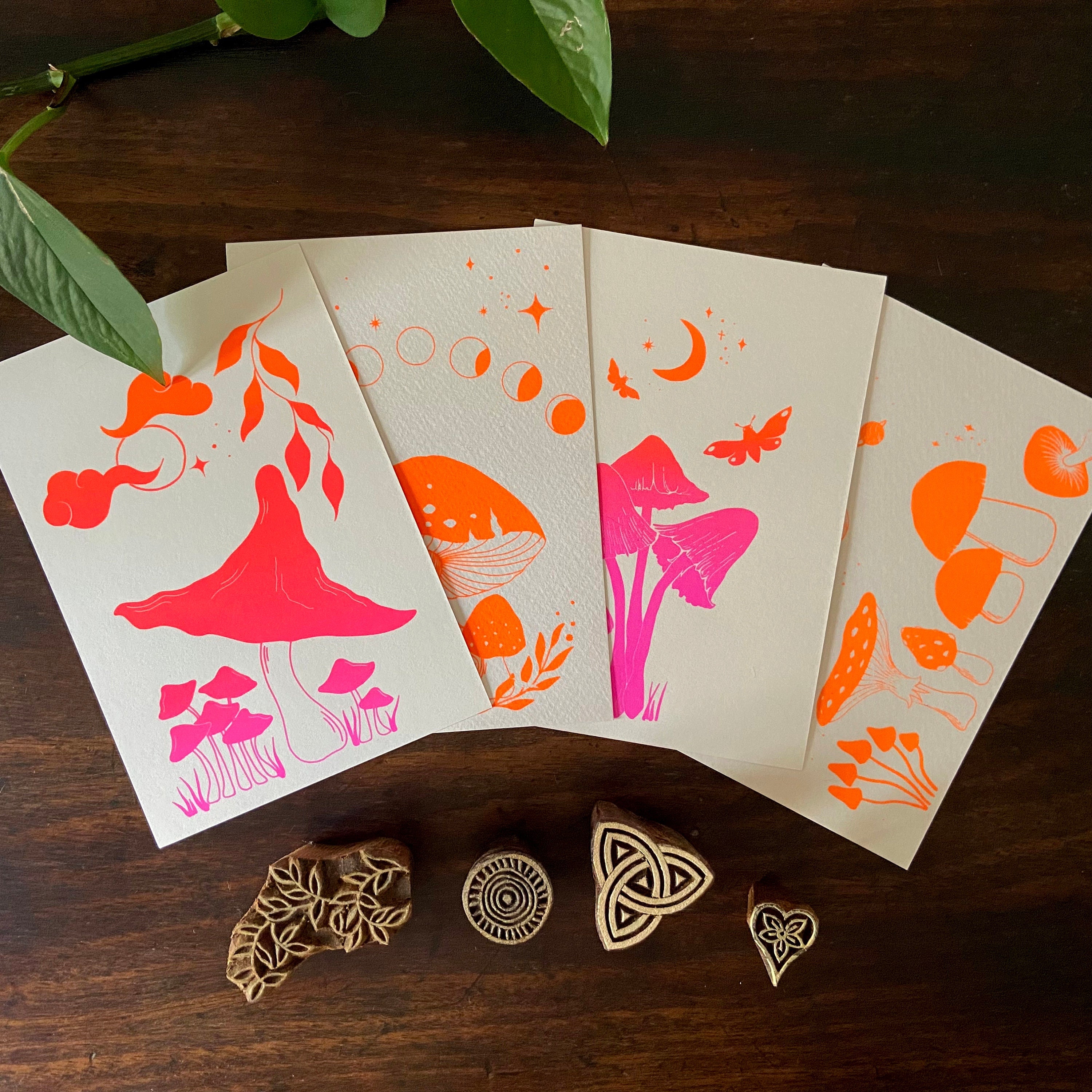 Magical Mushrooms Mini Prints - Set of 4 – Original handmade Screenprints – Fall/Autumn Postcards – Witchy Fungi Art