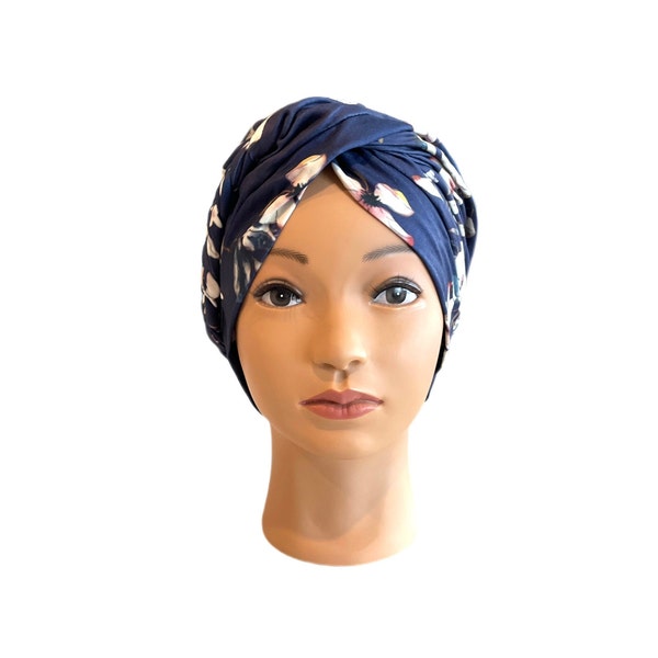 Blue & White Abstract Floral Braided Turban For Cancer Patients ~ Hair Loss ~ Hijab ~ Tichel ~  Head Wrap ~ Thinning Hair ~ Chemo Headwear