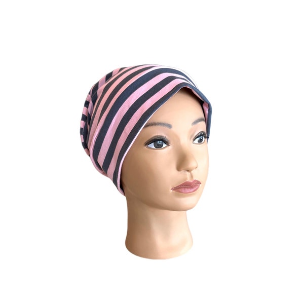 Pink & Charcoal Gray Stripe Chemo Cap/Hat ~ Designed for Cancer Patients~Cancer Beanies~Chemo Headwear~Care Package~Cancer Caps ~ Alopecia