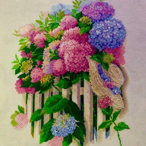 Finished cross stitch HYDRANGEA GARDEN