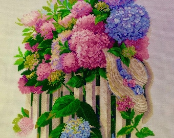 Finished cross stitch HYDRANGEA GARDEN