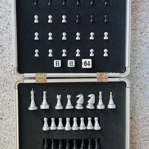 Può includere: Un set di scacchi argentato in una custodia di metallo. Il set include pezzi degli scacchi bianchi e neri, dadi e il numero 64. I pezzi sono disposti in un inserto di schiuma nero.