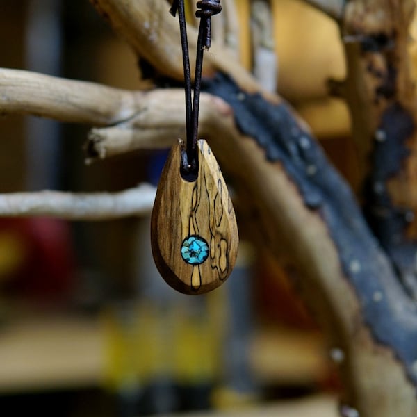 Unique Spalted Walnut Wood Pendant with Turquoise Inlay - Handcrafted, Artisan Necklace - Perfect Gift for Nature Lovers