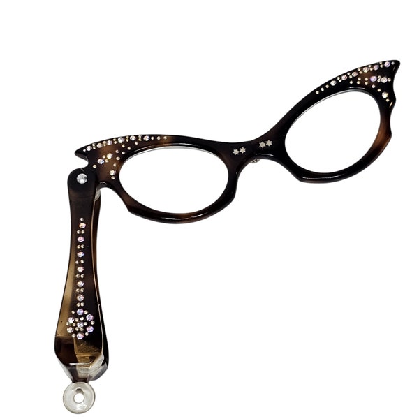 Vintage Cat Eye AB Rhinestone Brown Lucite Lorgnette Folding Opera Glasses Vanity Dressing Table Decor