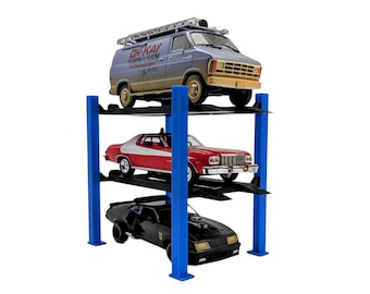 Elevador de coche de 4 postes a escala 1:43 para dioramas de fundición a presión, accesorios de garaje en miniatura, expositor de cajas de cerillas Hot Wheels y elevador de garaje.