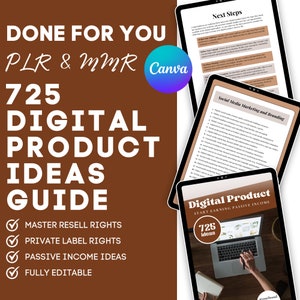 725 Digital Product Ideas, Master Resell Rights, Canva Template, Private Label Rights, Done For You Digital Product Ebook, DFY Content