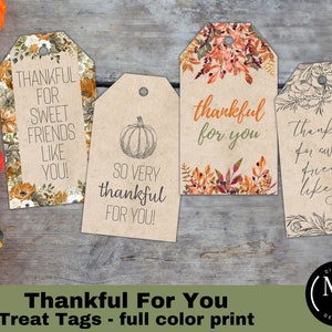 May include: Four printable Thanksgiving treat tags with autumn-themed designs. The tags feature the text "Thankful for sweet friends like you!"  "So very thankful for you!"  "Thankful for you" and "Thankful for sweet friends like you!"