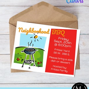 May include: Editable party invitation template with a cartoon illustration of a barbecue grill and a sun. The text reads "Neighborhood BBQ" and includes details about the event, such as the date, time, location, and request to bring a side dish or dessert. The invitation is hosted by the Fritias Family.