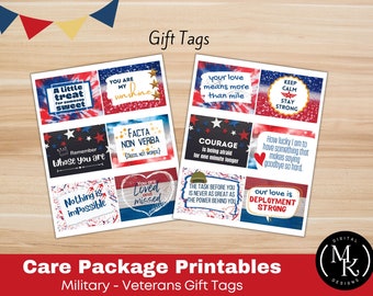 May include: Printable gift tags with patriotic themes and messages for care packages. The tags feature red, white, and blue colors with stars and hearts. Some of the messages include "A little treat for someone sweet", "You are my sunshine", "Keep calm stay strong", "Remember whose you are", "Facta non verba", "Courage is being afraid for one minute longer", "Nothing is impossible", "You are loved and missed", "The task before you is never as great as the power behind you", "How lucky I am to have something that makes saying goodbye so hard", and "Our love is deployment strong".