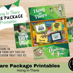 May include: Printable care package box designs with a jungle theme. The box designs feature monkeys, sloths, and inspirational quotes like "You Got This" and "Great Things Await".