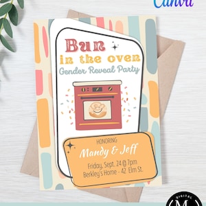 Bearbeitbares Brötchen im Ofen Gender Reveal Einladung, Canva Template, Digital Printables bearbeiten und herunterladen