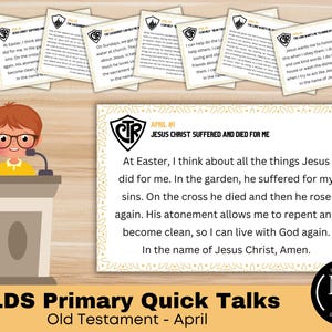 Puede incluir: Ilustración de un niño con gafas en un podio, con varias tarjetas con texto religioso. Las tarjetas tienen un logotipo de escudo con las letras CTR. El texto de las tarjetas trata sobre Jesús.