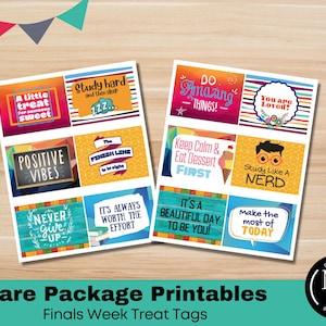 Puede incluir: Un conjunto de etiquetas imprimibles para paquetes de cuidado con fondos coloridos y mensajes motivacionales para estudiantes. Las etiquetas presentan frases como "Un pequeño regalo para alguien dulce", "Estudia duro y luego duerme", "Vibras positivas", "La línea de meta está a la vista", "Nunca te rindas", "Siempre vale la pena el esfuerzo", "Haz cosas increíbles", "Mantén la calma y come postre primero", "Es un hermoso día para ser tú", "Eres amado", "Estudia como un nerd", y "Aprovecha al máximo el día de hoy".
