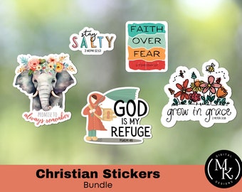 Könnte beinhalten: Ein Set mit fünf christlichen Stickern mit bunten Illustrationen und inspirierenden Zitaten. Die Sticker zeigen einen Elefanten mit einer Blumenkrone, eine Person in einem roten Mantel, die einen Regenschirm hält, ein Blumenmuster mit dem Text "in Gnade wachsen", einen Sticker mit dem Text "bleib salzig" und einen Sticker mit dem Text "Glaube über Angst".