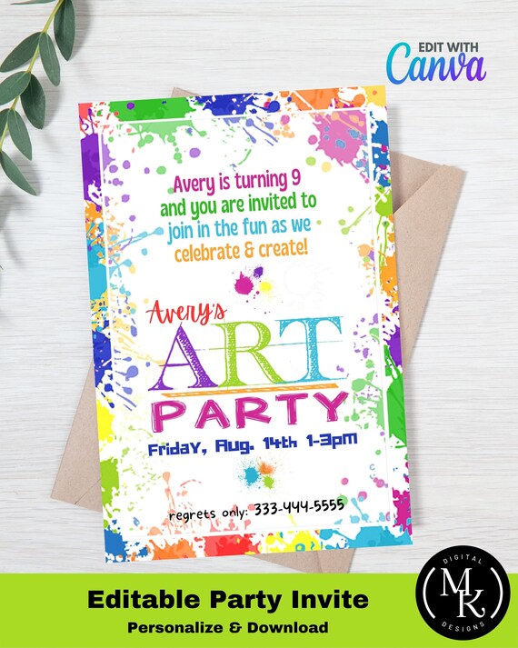 Editable Art Party Invitation Canva Template Edit and - Etsy