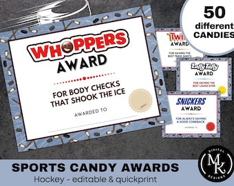 Sports Candy Awards - Hockey, 50 Candies, Canva Template, Quick Print, Edit and Download Digital Printables