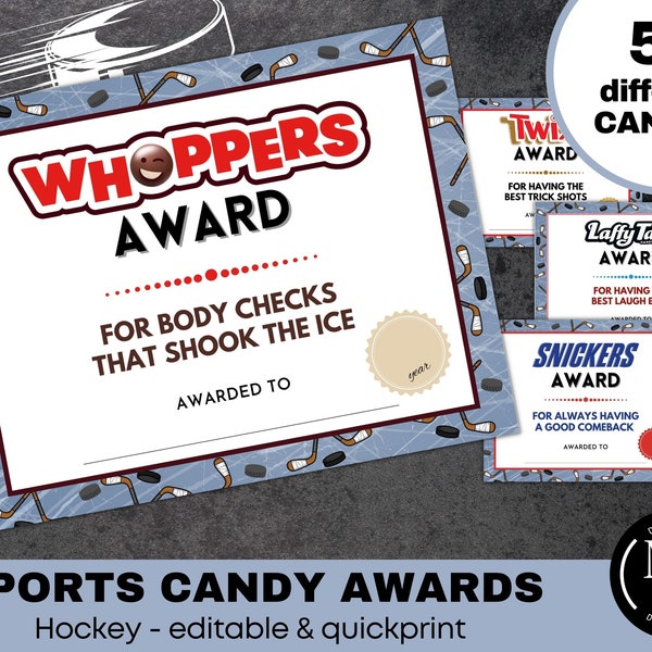 Sports Candy Awards - Hockey, 50 Candies, Canva Template, Quick Print, Edit and Download Digital Printables