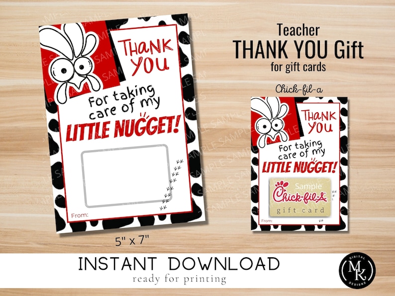 Teacher Thank You Card for Chick-fil-a Gift Card Printable - Etsy
