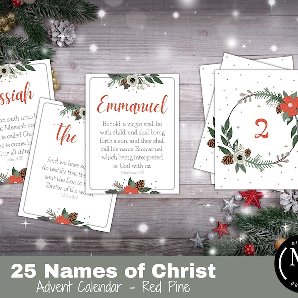 25 Names of Christ Advent Calendar - Red Pine set, Christmas Countdown, Printables