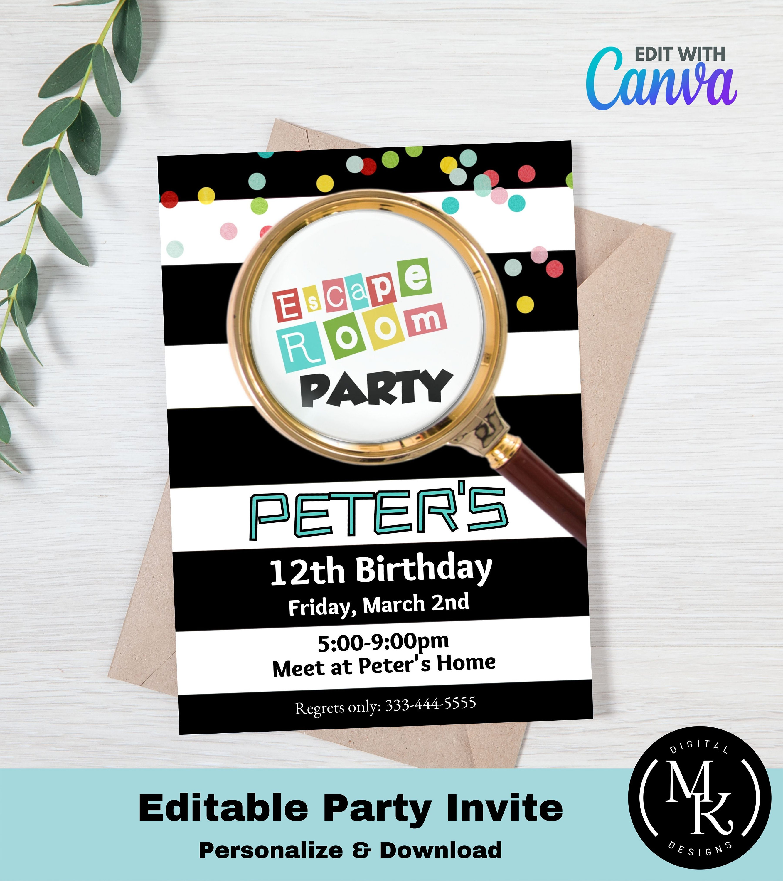 Editable Escape Room Birthday Invitation, Canva Template, Edit and