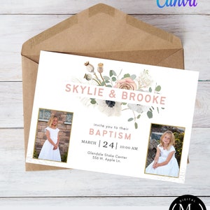 Editable Baptism Invitation for twins, LDS Canva Template 106, Edit and Download Digital Printables
