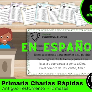 May include: An illustration featuring a cartoon child at a podium, with text in Spanish. The image includes cards with text, a green circle with "96 charlas", and the words "SUD Primaria Charlas Rápidas" at the bottom.