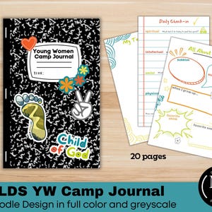 Könnte beinhalten: Ein schwarz-weißes Notizbuch mit dem Text "Young Women Camp Journal" und Aufklebern. Das Notizbuch wird von drei Seiten mit Ausfüllaufforderungen begleitet. Der Text "Child of God" ist ebenfalls sichtbar.