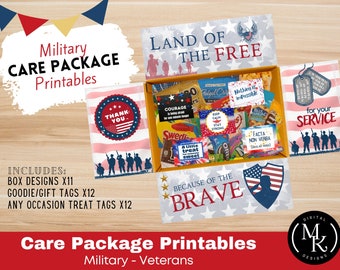May include: Printable care package designs for military members. The designs feature red, white, and blue stars and stripes, and include phrases like "Land of the Free", "Because of the Brave", and "For Your Service".