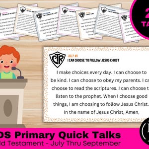 May include: A collection of 24 printable talk cards for children featuring religious themes. Each card includes a CTR shield logo, a title, and a short speech. One card is displayed prominently, showing the text I CAN CHOOSE TO FOLLOW JESUS CHRIST.